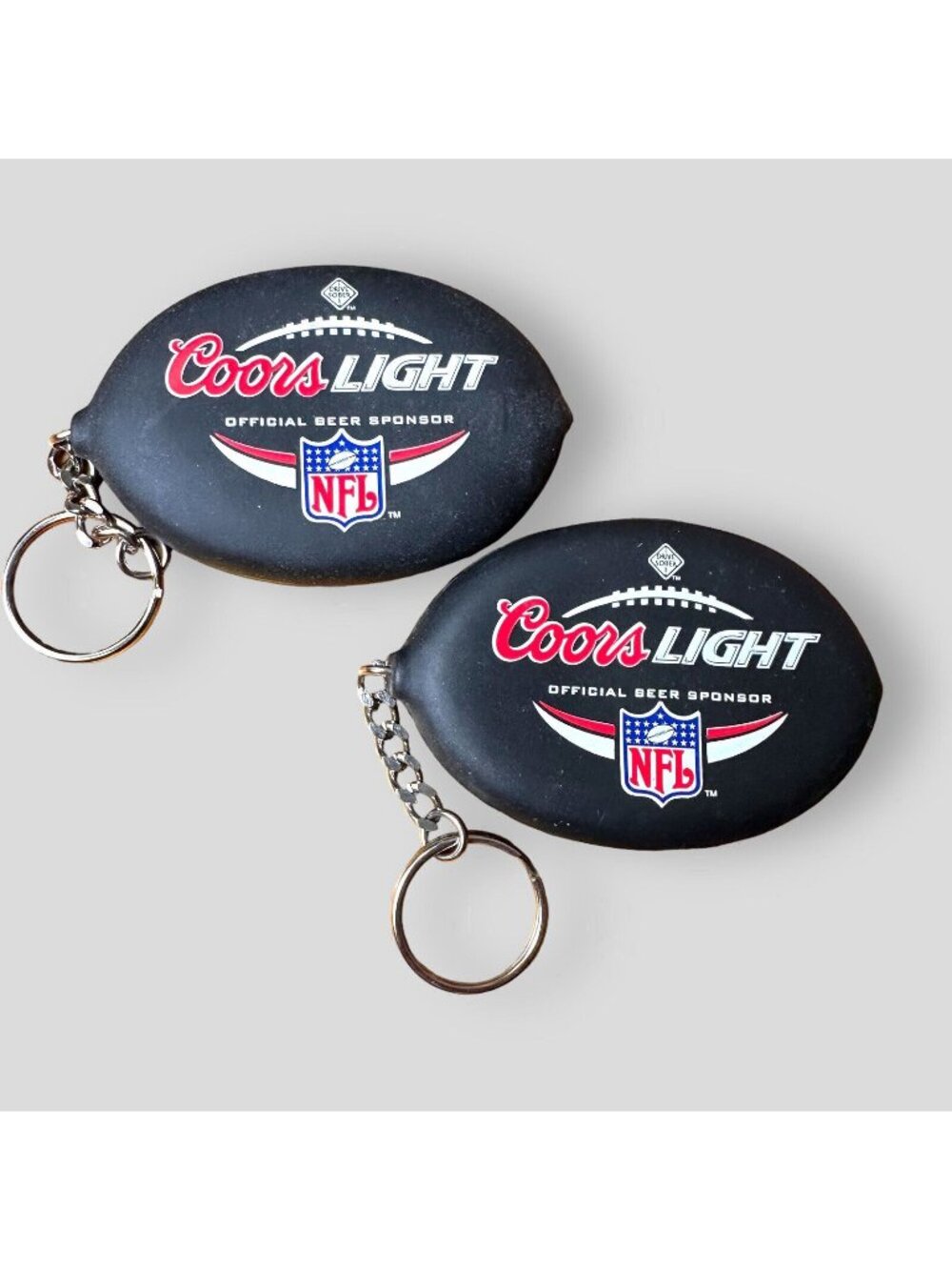 Coors Light NFL Branded Football Coin Holder Keychains - Set Of 2 Rubber Materia